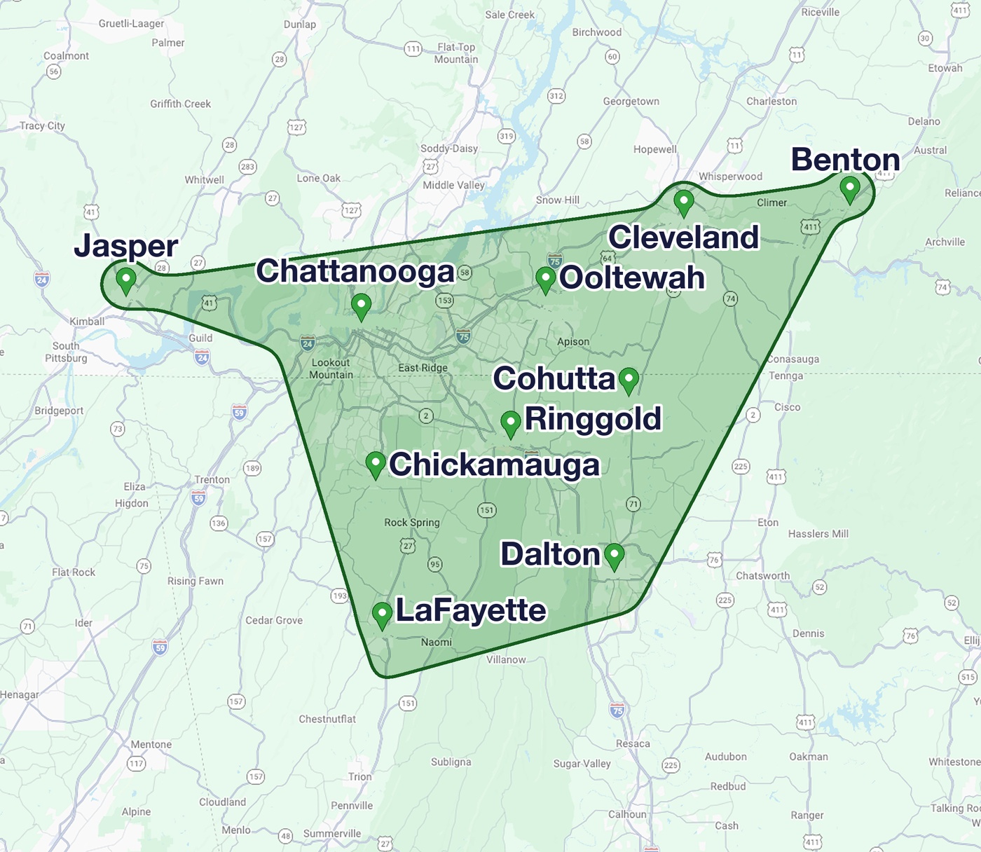 The Dump Dude service area map: Chattanooga, Ooltewah, Cleveland, Benton and Jasper, TN, plus Dalton, Ringgold, Chickamauga, LaFayette and Cohutta, GA