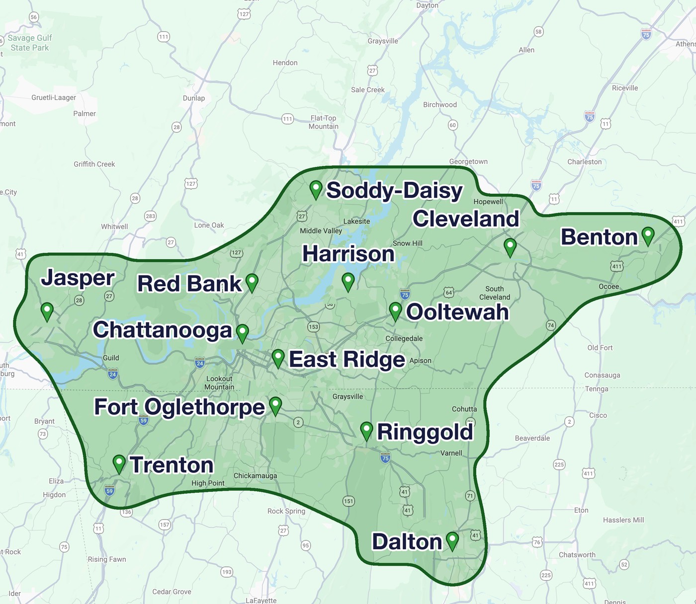 The Dump Dude service area map: Chattanooga, Soddy-Daisy, Harrison, Cleveland, Benton, Jasper, Red Bank, East Ridge, Ooltewah, Fort Oglethorpe, Ringgold, Trenton and Dalton